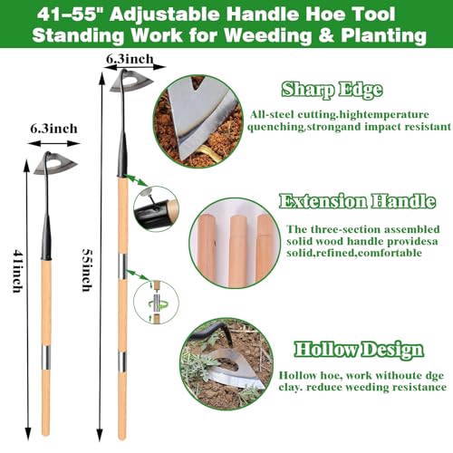 Gardening Tools Hollow Hoe, All-Steel Hardened Hollow Hoe with 55 Inch Long Handle, Sharp Edge Garden Weeding Tools, Garden Weeder Tool Shovel Weed Puller for Backyard Loosening Farm Planting Weeding