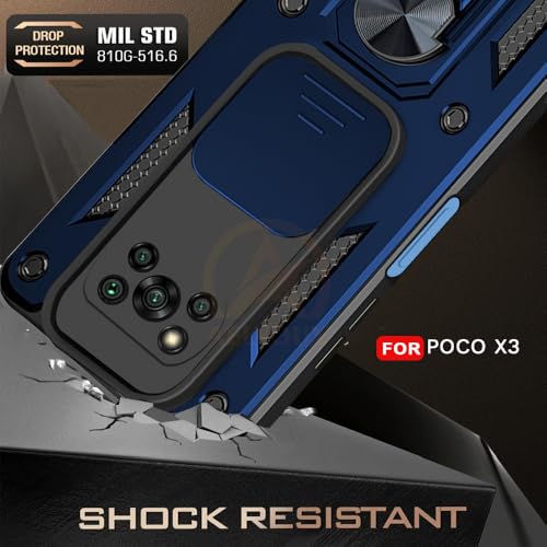 Image of Armor Bumper Back Cover Case for Poco X3 Rotating Camera Cover, Ring Holder & Kickstand | Heavy Duty & 360 Degree Protection Poco X3 Back Cover (Blue)