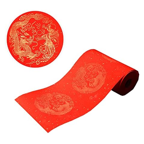 Gardaner Red Xuan Paper Roll,Calligraphy Rice Thicken Scrolls, Blank Chinese Couplets Chunlian Cut for Spring Festival Party Decor,Half Raw Ripe 17cmx50m (6.7inch*164ft), Golden Dragon) Cover