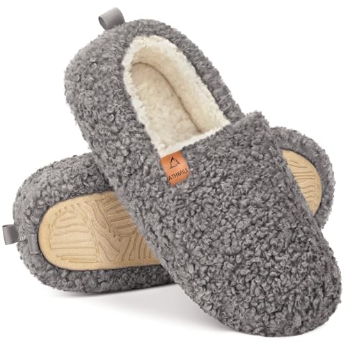 ATHMILE Fuzzy Slippers for Women House Slippers Memory Foam Curly Loafer with Polar Fleece Lining Indoor Outdoor Grey Size5 6