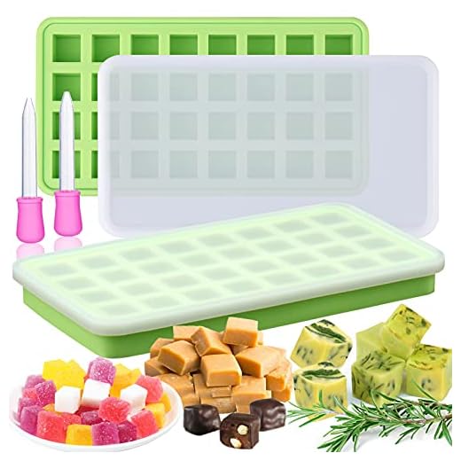 Silicone Molds for Herb-Infused Oil Cubes, 2Pcs 32 Cavity Mini Candy Gummy Tray, 5/8x5/8x5/8in Square Chocolate Molds with Lids & 2 Droppers DIY Homemade Herbal Blocks, Jello, Pralines Caramels AIERSA