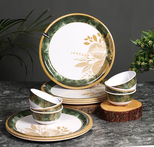 Image of Golden Fish Melamine Round Multicolor Full Size Dinner Plate || Veg. Bowl Floral Printed Dinner Plates (Set of 12) Dishwasher Safe, Bone-Ash Free, Crockery Set for Dining & Gifting, Plates & Bowls