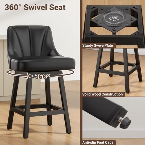 Image of YaFiti Bar Stool with Backs 1 Pcs, 26 inch Counter Height Bar Stools, Modern PU Leather Extra Upholstered Swivel Barstools with Square Solid Wood Legs for Kitchen Island, Black