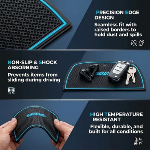Image of Car Drome | Door Cup Bottle Mat Set for Kia Seltos 2019 to 2022 | Premium Non Slip Rubber Inserts | Custom Fit 15 Pieces | Blue Trim Interior Car Accessories | Dustproof Washable Car Styling