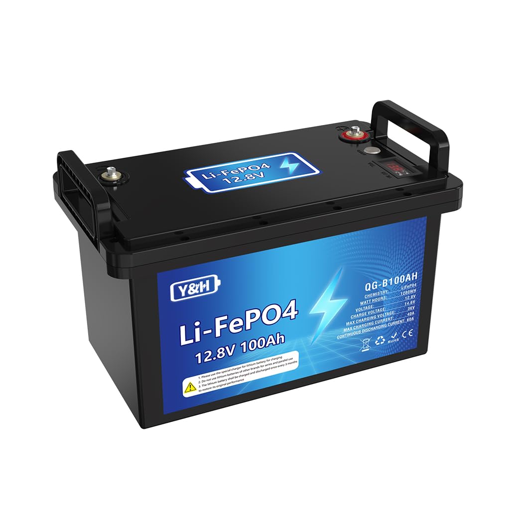 100AH 12V LiFePO4 Batterie au lithium,Max.1280Wh Energie,Port USB,Indicateur de tension en temps réel,BMS intégré,Parfait pour moteur trolling, camping, bateau, RV, stockage d'énergie maison