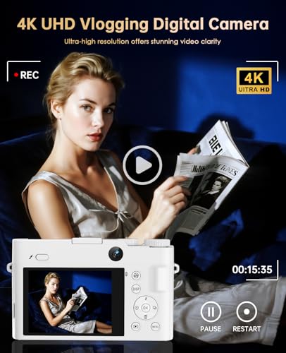 Image of 4K Digital Camera for Photography - 64MP Autofocus Vlogging Camera for YouTube with Dual-Lens - 16X Digital Zoom Anti Shake 3'' Selfie Compact Camera with Flash, 2 Batteries, Charging Stand-White
