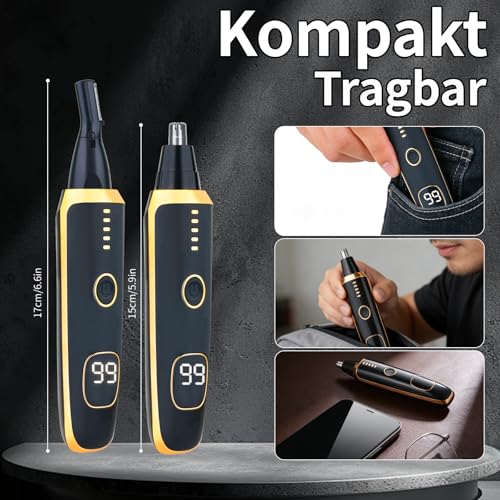 Beanify LED Nasenhaartrimmer für Herren und Damen, 2-in-1 Wiederaufladbarer Augenbrauen- & Ohrhaartrimmer, Nasenhaarschneider mit USB-C, IPX7 Wasserdicht, Schmerzfrei & Tragbar (Schwarz) 6
