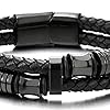 COOLSTEELANDBEYOND-Mens-Double-Row-Black-Braided-Leather-Bracelet-Bangle-Wristband-with-Black-Stainless-Steel-Ornaments COOLSTEELANDBEYOND Mens Double-Row Black Braided Leather Bracelet Bangle Wristband with Black Stainless Steel Ornaments
