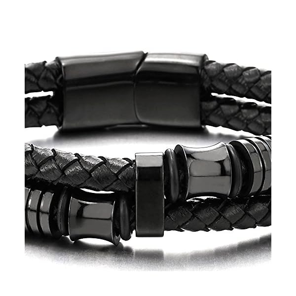 COOLSTEELANDBEYOND-Mens-Double-Row-Black-Braided-Leather-Bracelet-Bangle-Wristband-with-Black-Stainless-Steel-Ornaments COOLSTEELANDBEYOND Mens Double-Row Black Braided Leather Bracelet Bangle Wristband with Black Stainless Steel Ornaments