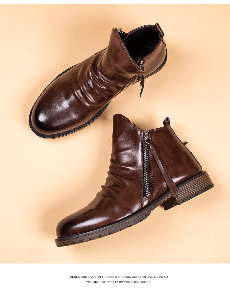 Men's Chelsea Breathable Leather Boots, Lightweight Zipper High Top Dress Shoes, Cowboy Boots Men's Shoes3