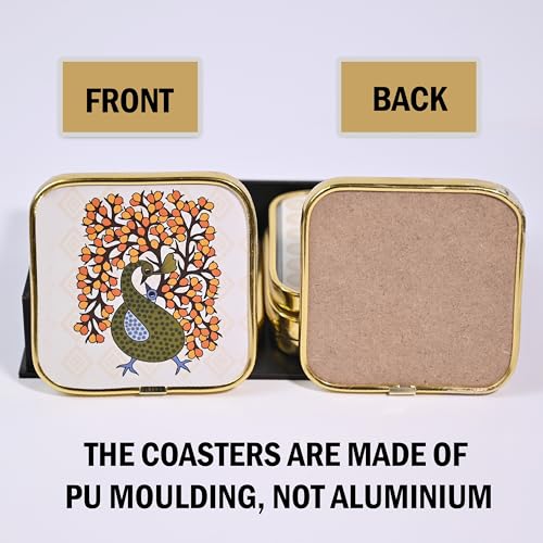 Image of Rousrie Stylist Modern Wooden Coasters with Golden Border | Set of 6 | Stand Included Premium Handmade Coaster for Tea Cups, Coffee Mugs, Beer Mugs, 10 by 10 cm (Warli Pattern)