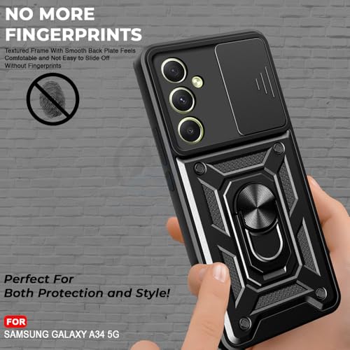 Image of AESTMO Tough Armor Samsung A34 5G Bumper Back Case Cover | Ring Holder & Sliding Camera Shield Cover | 360 Degree Protection Back Case Cover for Samsung A34 5G (Black)