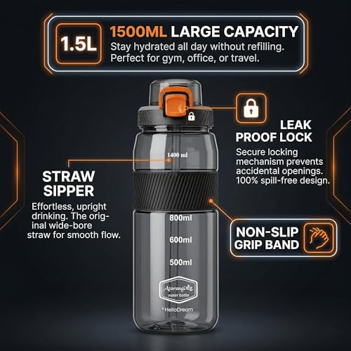 Image of Atarangi 1500ml Motivational Water Bottle with Straw & Time Marker | Leak Proof Tritan Plastic Sipper Bottle with Lock & Handle | Large Capacity Gym Bottle for Men Women Kids | Black & Orange