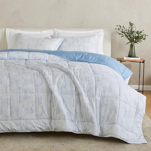 Great Bay Home Full/Queen Reversible Comforter Set | Down Alternative Blue Dot Print 3 Piece Comforter Sets | All Season Bedding, Bedroom Decor for Women and Men (Full/Queen, Dots Block Print/Blue)