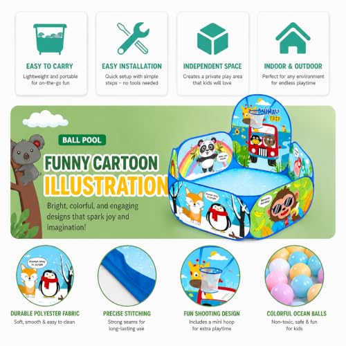 Image of Magicwand Toddler X-X-Large Size Polyster Multi-Colored Animal Theme Pop-Up Activity Ball-Pool with 10 Balls Play Tent