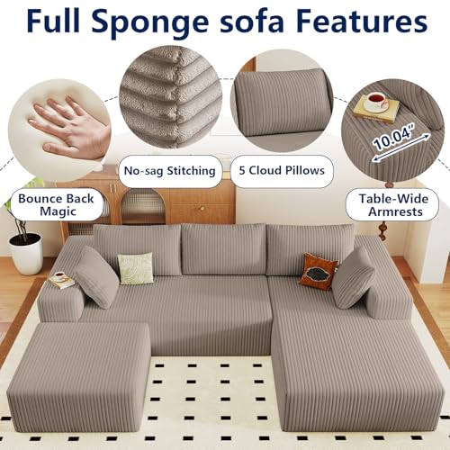 Image of 96 inch Modular Sectional Sofa with Ottoman, Modern Corduroy Cloud Couch with Deep Seat, Boneless Couch Upholstered 3-Seater U-Shaped Sofa for Living Room, No Assembly (Camel, Right-Facing Chaise)