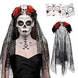 dellyy Diadema Catrina Mujer, Diadema Mexicana Halloween Mujer, Velo Negro, Tatuajes Temporales, Accesorios de Disfraz de Halloween para Mujeres para Carnaval