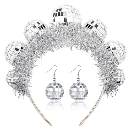 JIANGLAI Disco Ball Earrings and Headband for Women - 70's Halloween Party Costume