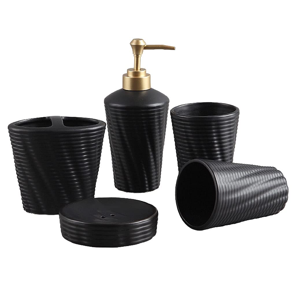 Zestaw 5 ceramicznych akcesoriów łazienkowych dozownik do mydła - dozownik do mydła, uchwyt na szczoteczkę do zębów i kubek do płukania ust (kolor: czarny)