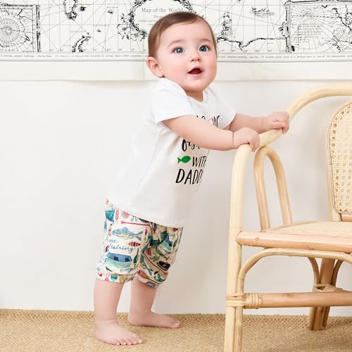 Doqcey Baby Boy Fish Outfit I'm Going Fishing With Daddy Short Sleeve T-Shirt Fish Print Shorts Set Toddler Summer Clothes (White, 12-18 Months)