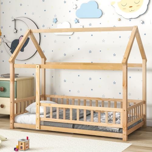 Miniatura 23 de Cama de suelo de tamaño matrimonial con valla para niños pequeños, cama Montessori con techo de casa, marco de cama de piso de madera matrimonial