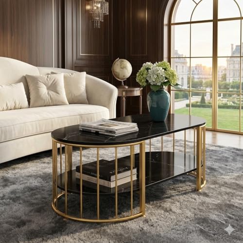 Image of Shoppee Rectangular Coffee Table Modern 2-Tier Center Table with Marble Finish Top Gold Metal Frame Stylish Sofa Table Elegant Cocktail for Living Room /Drawing /Dining Room (Black & Gold)