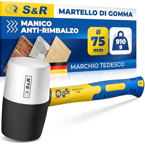 S&R Martello Gomma Bianco/Nero 910 gr - 75 mm. Martello di Gomma Naturale Bicolore Professionale per Campeggio e Piastrelle Antivibrazioni e Antimacchie. Attrezzi Piastrellista. Manico Fibra di Vetro.