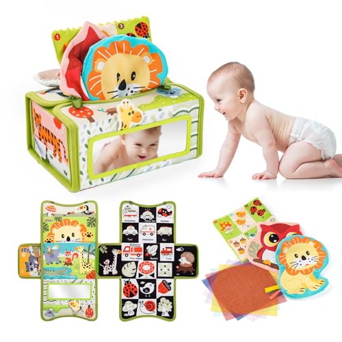 Jollybaby Mystery Tissue Box Toy for Baby 0-6-12 Month with Tummy Time Mirror Toy, Montessori Sensory Learning Toy for 1 Year Old Infant with Teether Crinkle Paper, High Contrast Toy for Newborn Gift