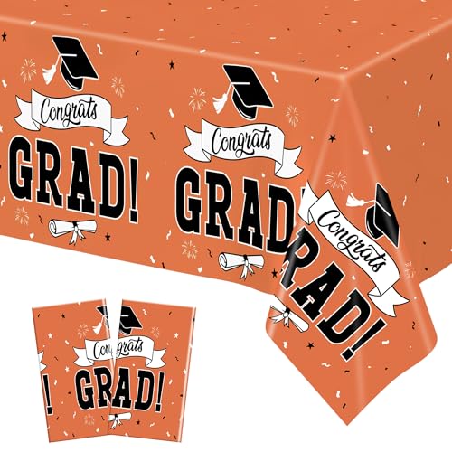 Image of 2Pcs 2026 Graduation Table cloths, 108 inch X 54 inch Orange Grad Party Decorations, Disposable Plastic Tablecover for Grad Decor Party Supplies, Rectangle Table Covers for Class 2026 Congrats Grad for kids