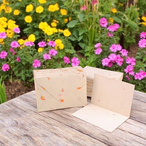 Image of Kathmandu Valley Co. 50 Vintage 4x6 Handmade Lokta Paper Nepali Cherish Greeting Cards & Matching Decorative Flower Petal Envelopes. Folded blank cards. Handmade In Nepal. (Marigold)