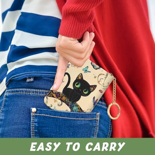 Image of Aiawoxc Credit Card Holder, Small RFID Wallet Slim Leather Card Organizer Case with Zipper and Keychain, Cute Cat