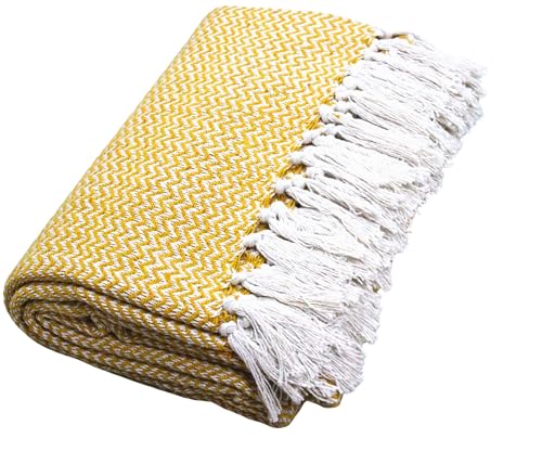 Image of Chevron 78x60 Inch Reversible Cotton Throw Blanket with Tassels| Blanket for Living Room, Sofa, Bed, Chair, Picnic & Used for Gift | Yellow Narrow Chevron, Size - 200x150 Cm