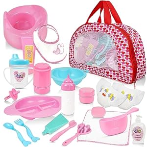 Mire & Mire 22-Piece Baby Doll Accessories Set with Carrying Case – Includes Bottle, Sippy Cup, Pacifier, Bib, Hair Brush, Plates and More, Perfect for Kids, Toddlers, and Girls