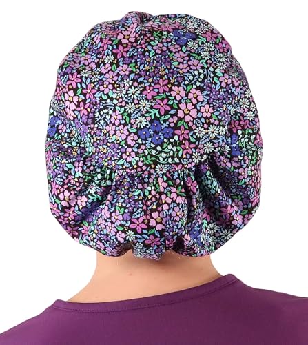 Sparkling EARTH Petals in Bloom (Purple, Pink and Green Flowers) Riley Medical Scrub Caps with Flat Front, Roomy Back - Adjustable Cord Lock Closure - Made in The USA!3
