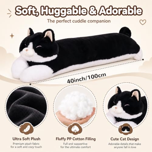 Image of 40'' Giant Cat Plush Stuffed Animal, Jumbo Black Cat Long Body Pillow Plush Toy, Large Soft Stuffy Kitty Cat Plushie Gift for Kids Boys Girls, Birthday