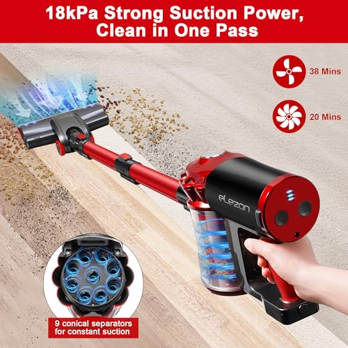 elezon A200 Cordless Vacuum Cleaner 18KPA Powerful Suction, 38 Min Runtime, 1.2L Large Dust Cup, Lightweight Portable Handheld Stick Vacuum for Hardwood Floor, Carpet, Pet Hair, Home Cleaning