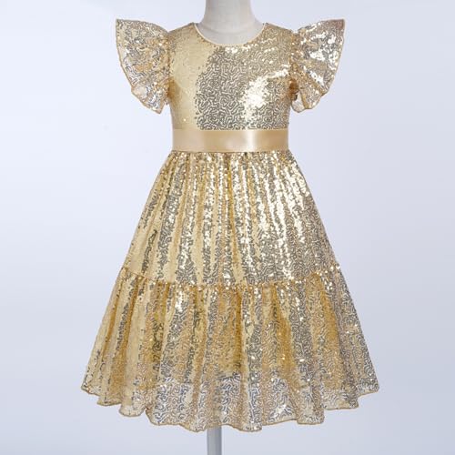 OBEEII Girls Sequin Dress Ruffle Sleeve Sparkly A-line Party Dress with Belt Princess Pageant Prom Birthday Formal Dress4