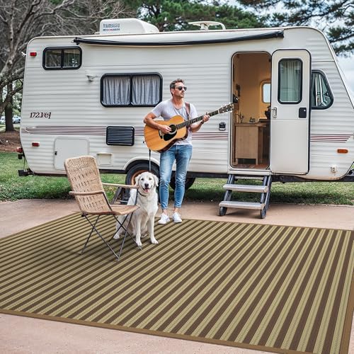 Image of GENIMO Outdoor Rug, Waterproof Plastic Rugs for Patio, 6'x9' Brown Greige | Outside Larger Modern Carpet Mat for Porch Decor, Deck, Balcony, Camping, RV, Backyard, Picnic, Beach, Reversible, Foldable