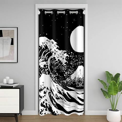 Moon Door Curtain for Doorway Privacy, Ocean Waves & Mountain Fuji Pattern, Japanese Style Marine Coastal Nautical Theme Blackout Curtain, White & Black, 1 Panel, 34'W x 80'L