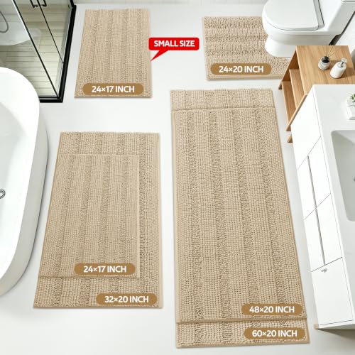 ACCUMTEK Striped Beige Bathroom Rug Mat Set 2 piece 24"x17"+48"x20" Ultra Soft, Non Slip Chenille Bath Rugs, Absorbent Plush Shaggy Bath Mats for Bathroom, Bedroom, Kitchen, Shower, Tub by ACCUMTEK - Used condition - Image 2