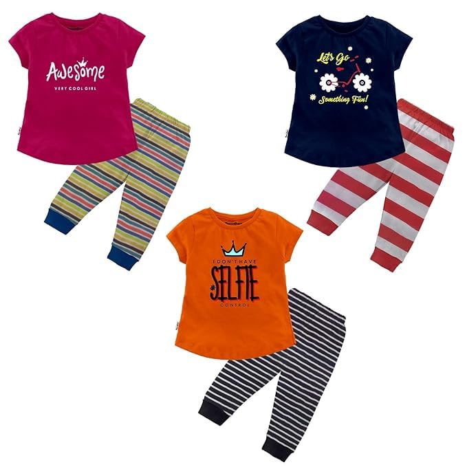 Image of NammaBaby Girl Cotton Night Suit Tshirt Shorts Capri Pyjama Set - Multipacks