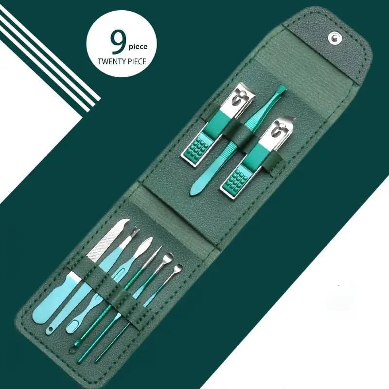 Image of DAINTY DEN Manicure & Pedicure Kit - Professional Stainless Steel Grooming Set with Nail Clippers, Cuticle Trimmer, Scissors & Tweezers - Travel-Ready Care Kit for Men & Women (9 IN 1)
