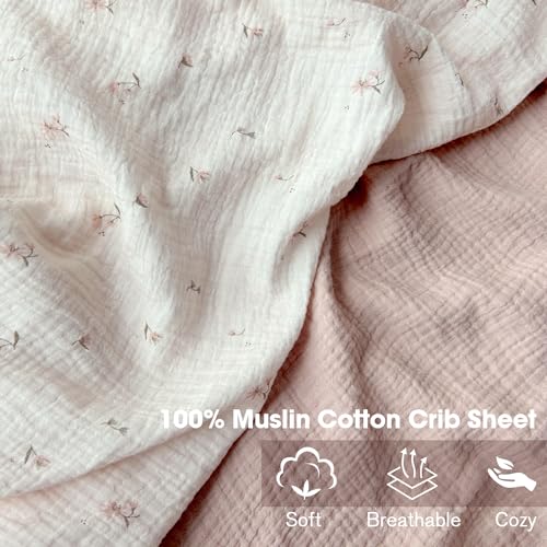 Image of Little Grape Land Muslin Crib Sheets Fitted for Boys and Girls 2 Pack, 100% Cotton Baby Bed Sheets Soft Breathable, Neutral Fitted Baby Mattress Sheets for Standard Crib 52x28 inches, Fog Flower