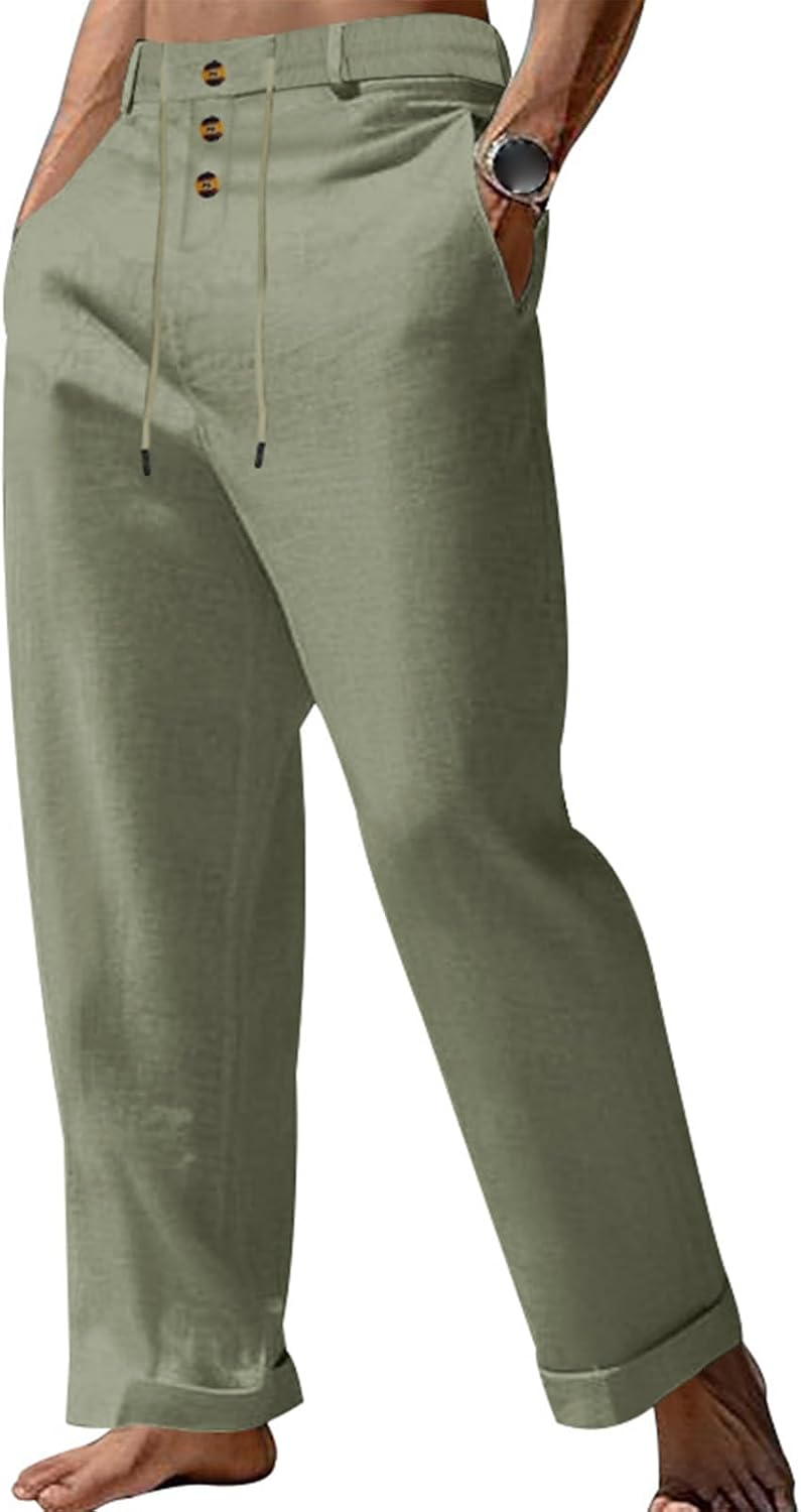 evzosrz Men's Cotton Linen Pants Straight Loose Fit High-Waisted Harem Pants Casual Lightweight Baggy Beach Summer Yoga Pants