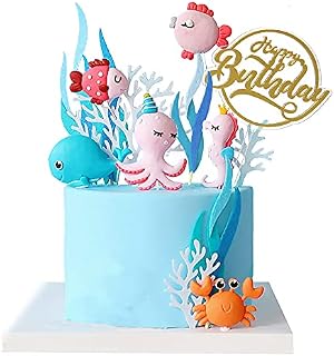 12Pcs 3D Ocean Theme Cake Decoration Toppers Hippocampus Whale Clownfish Animal Cake Toppers Picks for Kids Baby Shower Christening Birthday Party Supplies Beach Theme Party Cupcake Toppers