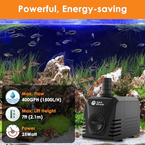 Image of AquaMiracle Submersible Water Pump Aquarium Water Pump with Flow Control, Pond Pump Fountain Pump for Pond, Fountain, Waterfall, Statuary, Water feature, Hydroponics (400GPH, 25W)
