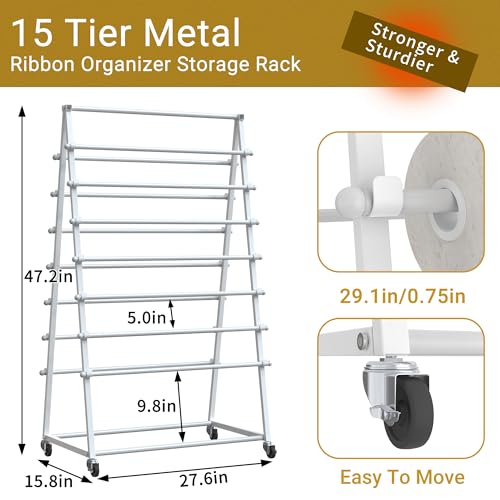 Image of Rolling Ribbon Organizer, 15 Tier Metal Ribbon Holder Organizer Rack, Christmas Craft Gift Wrapping Ribbon Storage Shelf, Ribbon Rack for Craft Room Cake Shop Flower Store, Vinyl Roll Holder (White)