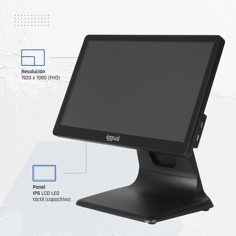 iggual TPV AIO 15,6" WiFi -Monitor Táctil Capacitivo,16:9 - Sin Sist. Operativo -Procesador Intel® N100 3,4 GHz- SSD 128GB+RAM 4GB -Bluetooth 5.1, HDMI, VGA, USB- Todo en Uno- Apto Verifactu.Negro