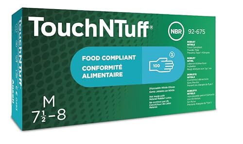 Ansell TouchNTuff 92-675 Nitrile Lightweight Glove with Beaded Cuff, Chemical Resistance, Powdered, 4.3mil Thickness, 240mm Length, Size 7, Dark Blue (Box of 100)