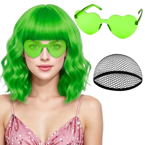 PLULON Grass Green Short Wavy Wig Heart Sunglasses for Women Colored Bob Style Shoulder Length Wigs with Bangs Funny Party Hair for Nightclubs Bachelorette Party Carnival St. Patricks Day